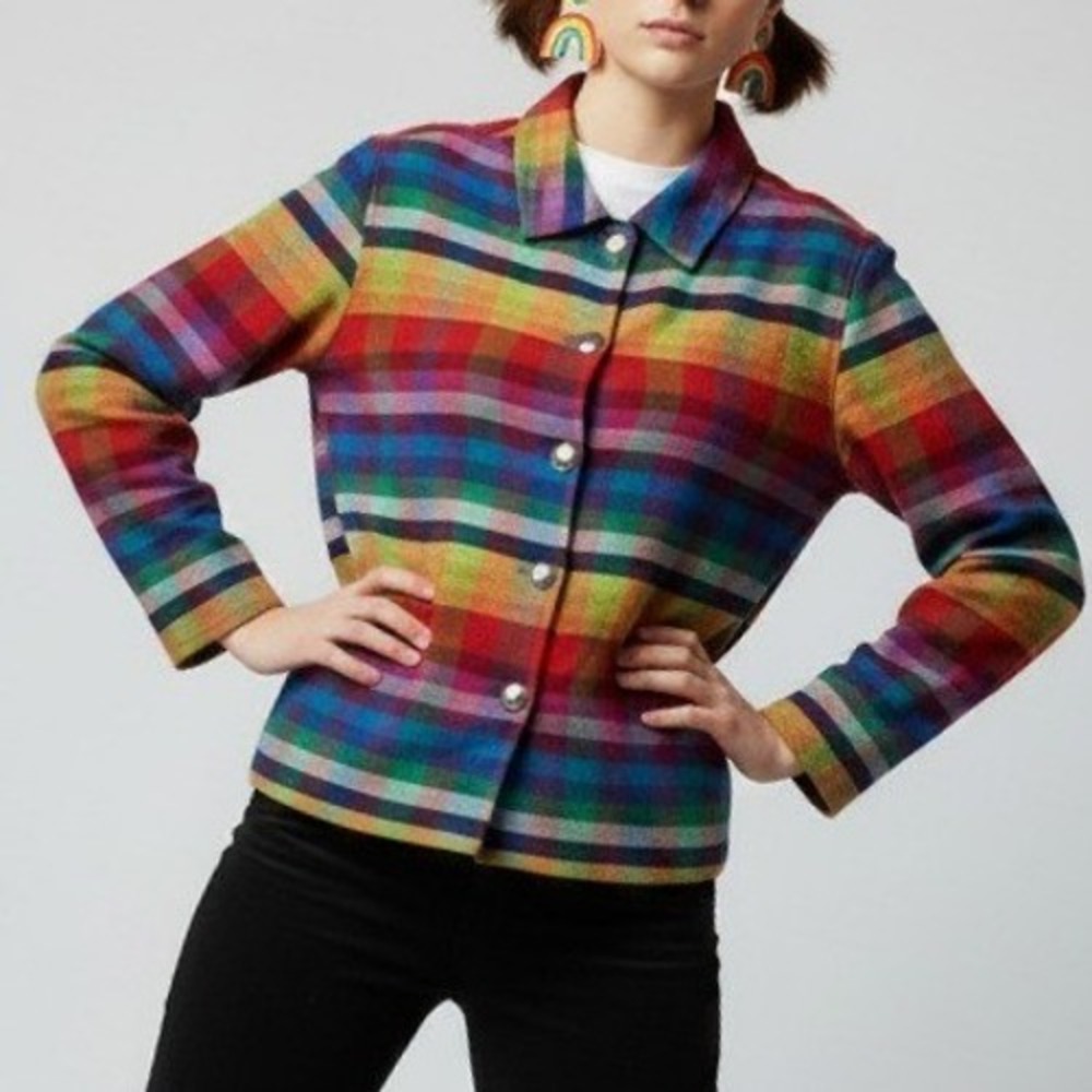 VTG CXT Classics L Rainbow Plaid Woven Cotton Buttoned Shacket Pride Hippie 90s